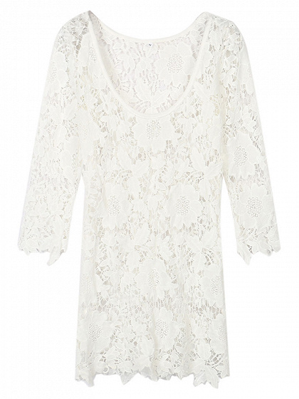 White 3/4 Sleeve Crochet Lace Beach Cover Up