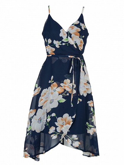Dark Blue Wrap V-neck Floral Cross Backless Asymmetric Dress | Choies