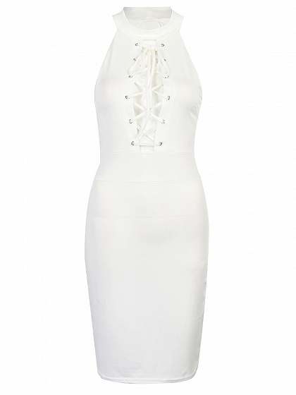 White High Neck Lace Up Front Bodycon Midi Dress