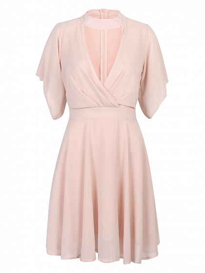 Pink High Neck Cut Out Front Wrap Detail Dress