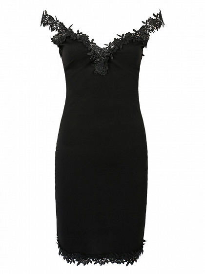 Black Off Shoulder V-neck Lace Trim Bodycon Dress