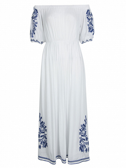 White Off Shoulder Half Sleeve Tile Embroidered Midi Dress