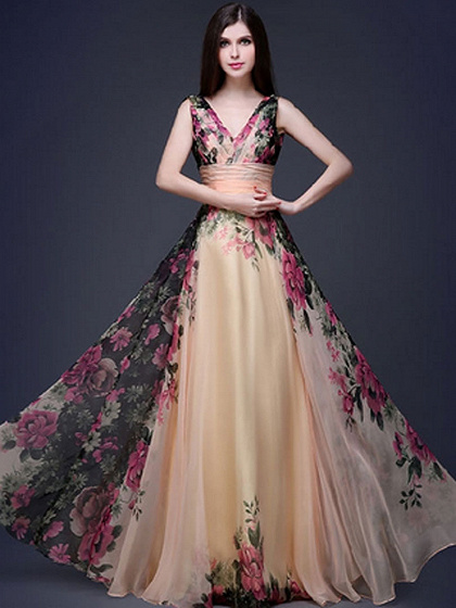 Multicolor Floral V-neck Maxi Party Dress