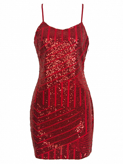 Red Sequins Lattice Back Cami Bodycon Dress
