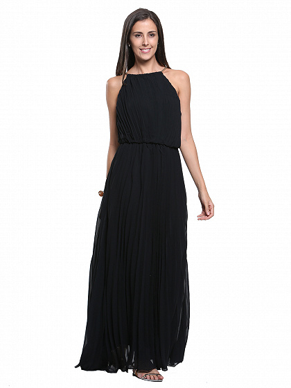 Black Halter Cut Out Sleeveless Pleated Chiffon MaxiDress