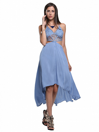 Blaue Spitze Top Cut Out Backless Hallo-lo-Kleid