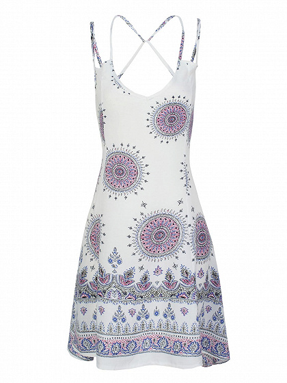 White Tribe Pattern Backless Double Strap Cami Dress