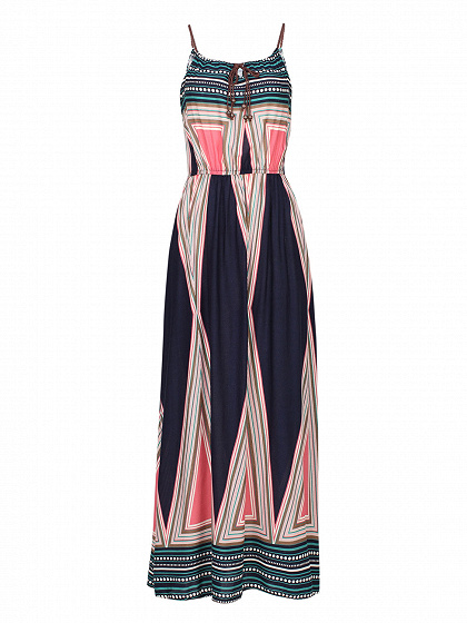 Multicolor Geo Pattern Tie Front Spaghetti Strap Beach Dress