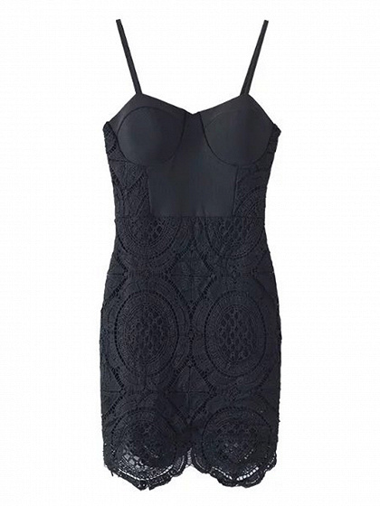 Black Padded Cups Scallop Hem Cut Out Lace Bodycon Dress