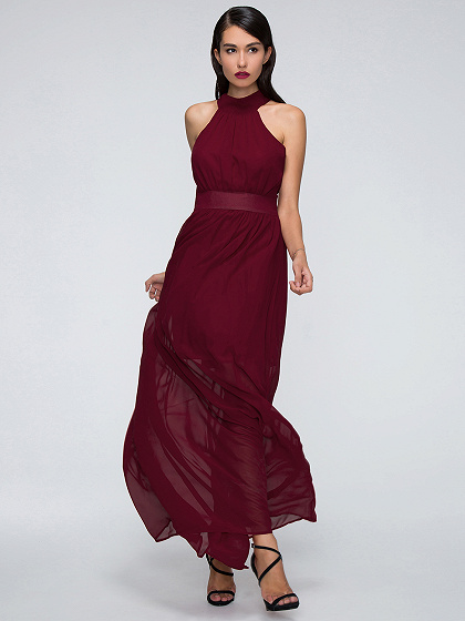 Red Halter Tied Back Ruched Detail Maxi Dress