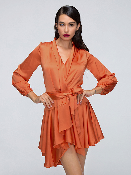 Orange V-neck Belt Waist Asymmetric Wrap Pleated Dress