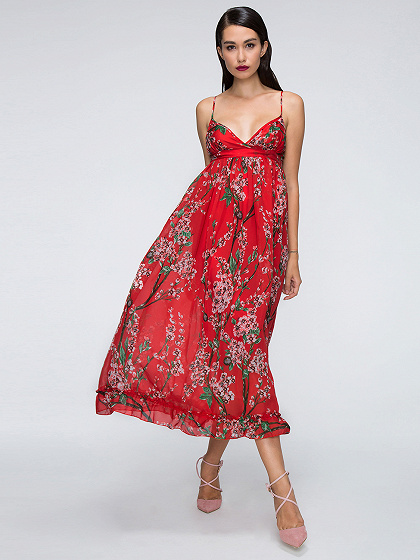 Red V-neck Plum Floral Print Frill Hem Cami Chiffon Maxi Dress