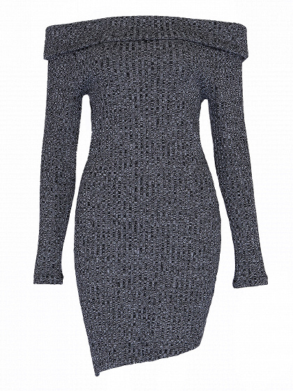 Gray Off Shoulder Mixed Yarn Knitted Asymmetric Bodycon Dress