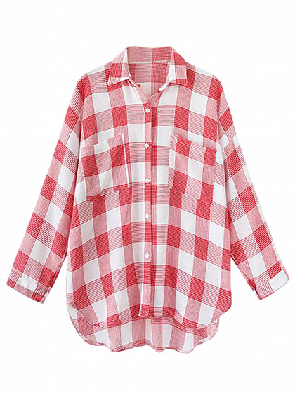 Pink Plaid Pocket Long Sleeve Shirt