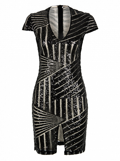 Schwarz V-Ausschnitt Pailletten mit Flügelärmeln, figurbetontes Kleid