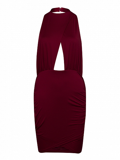 Burgundy Halter Cross Front Open Back Ruched Bodycon Dress