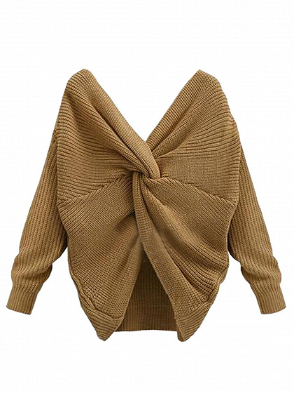 Khaki V-neck Knot Back Long Sleeve Knit Jumper | Choies