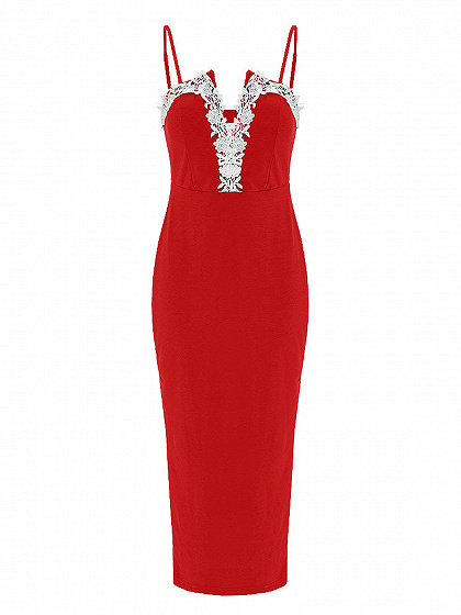 Red Plunge Neck Lace Trim Split Zurück Midi figurbetontes Kleid