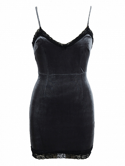 Grau Kontrast Spitze-Ordnungs-V-Ausschnitt Velvet Bodycon Cami Kleid
