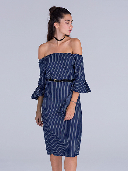 Blue Off Shoulder Stripe Ruffle Sleeve Front Split Midi Dress