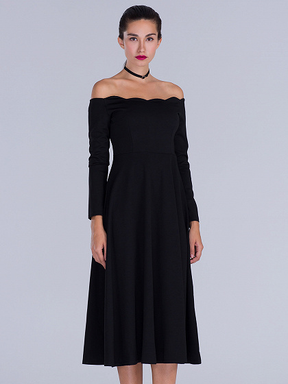 Black Off Shoulder Long Sleeve Midi Dress