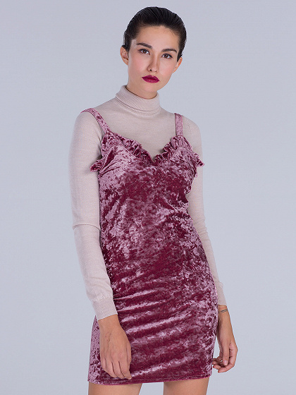 Red V-neck Frill Trim Velvet Cami Dress