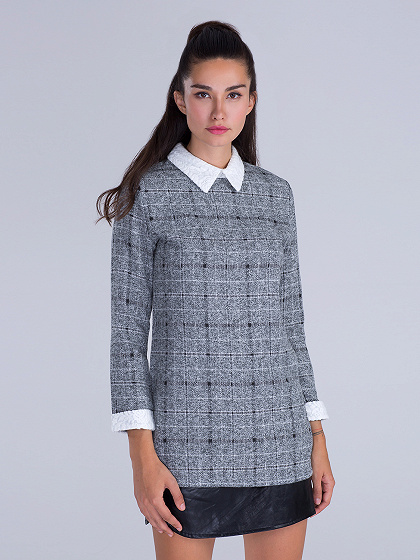 Contraste de color gris vestido de encaje con paneles de lana en impresión de prueba