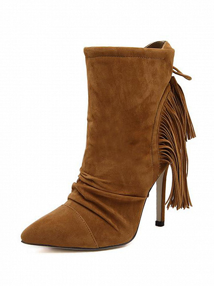 Brown Faux Suede Ruched Detail Tassel Heeled Boots