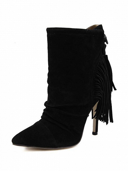 Black Faux Suede Ruched Detail Tassel Heeled Boots