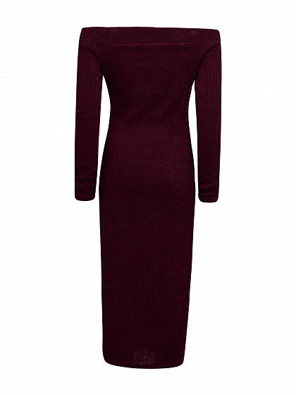 Burgundy Off Shoulder Long Sleeve Ribbed Bodycon Midi Dress | Choies
