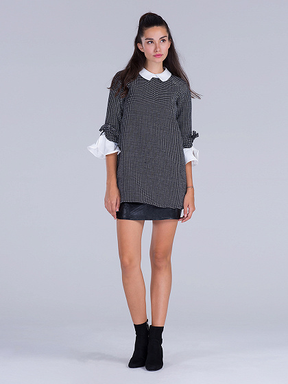 Black Color Block Polka Dot Print Flared Sleeve Woolen Dress