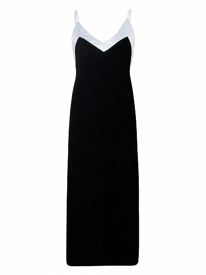 Black V-neck Pleat Detail Contrast Trim Velvet Cami Dress