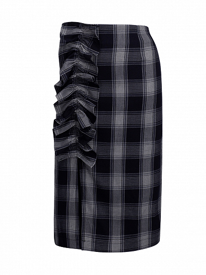 Navy Plaid Ruffle Detail High Waist Pencil Skirt