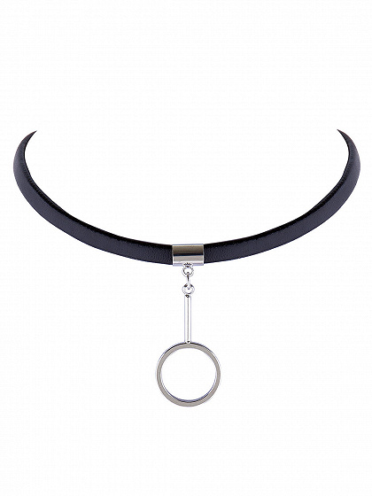 Black Leather Look Circle Pendant Choker Necklace