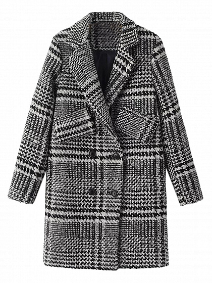 Variegated Houndstooth Lapel Double Breasted Wool Blend Coat