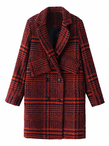 Red Houndstooth Lapel Double Breasted Wool Blend Coat