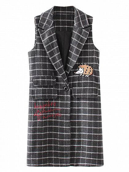 Gray Plaid Lapel Embroidery Hedgehog Longline Sleeveless Coat