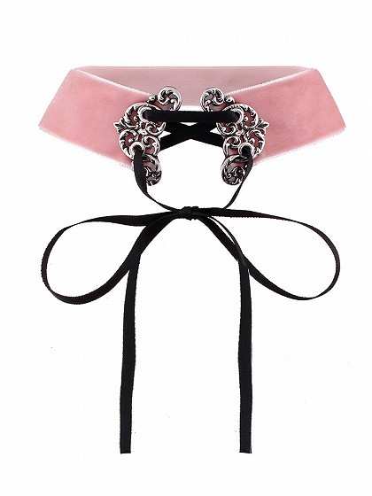 Pink Metal Cut Out Lace Up Velvet Choker Necklace