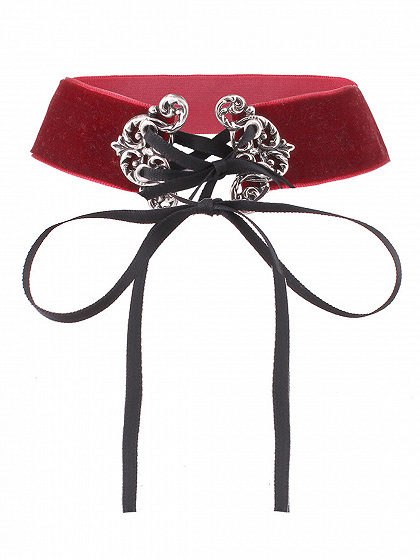 Red Metal Cut Out Lace Up Velvet Choker Necklace