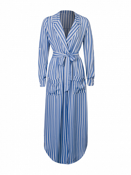 Blue Stripe Lapel Roll-up Sleeve Side Split Maxi Dress