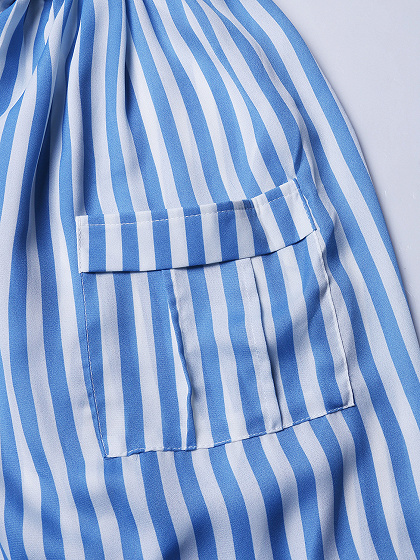 Blue Stripe Lapel Roll-up Sleeve Side Split Maxi Dress | Choies