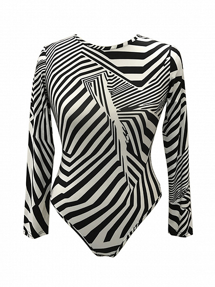 Color Block Stripe Print Long Sleeve Bodysuit