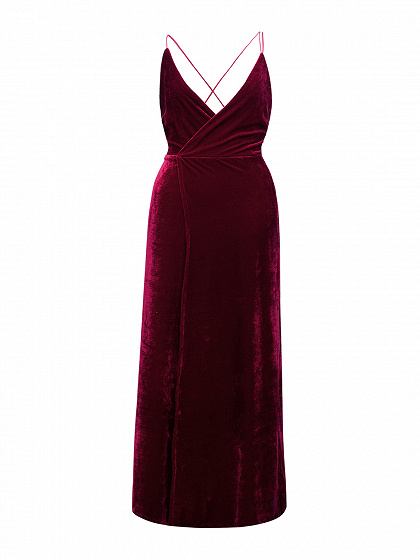Burgundy Wrap V-neck Split Front Backless Velvet Maxi Dress