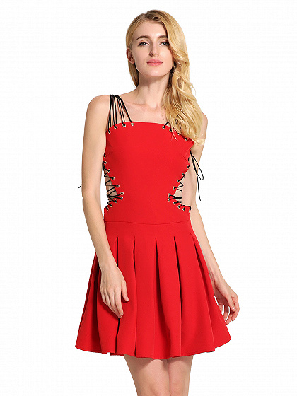 Red Strappy Detail Lace Up Side Skater Dress