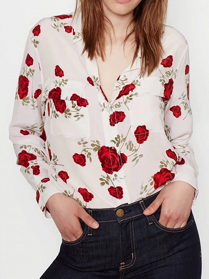 Multicolor Rose Print Pocket Long Sleeve Shirt