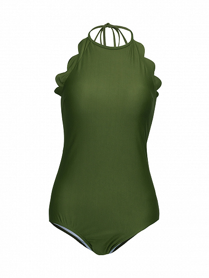 Army Green Halter Low Back Scallop Trim Swimsuit