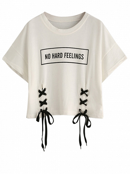 White Letter Print Lace Up Detail Short Sleeve Cropped T-shirt