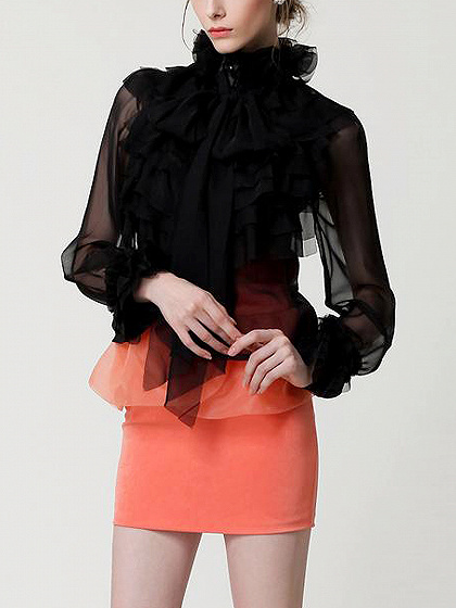 Black High Neck Bow Tie Front Layered Ruffle Sheer Shirt