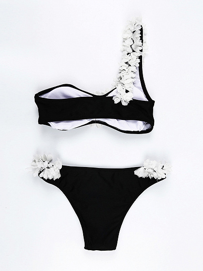 Black One Shoulder Applique Trim Bikini Top and Bottom | Choies
