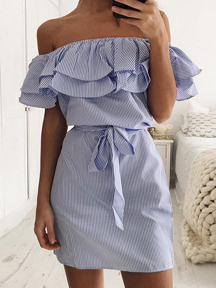 Blue Striped Off Shoulder Layered Ruffle Tie Waist Dress